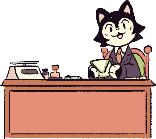 A cat wearing a postman uniform, he sits at a desk holding an envelope