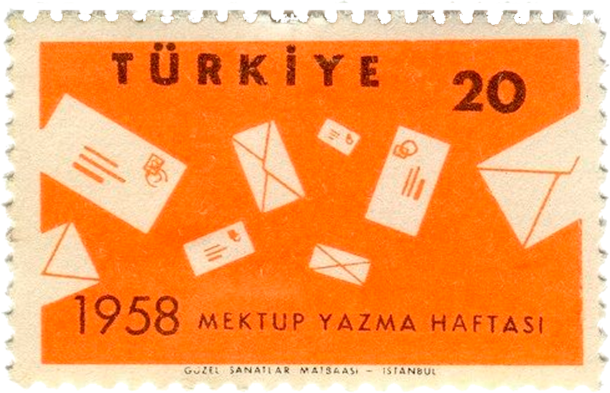 A stamp from Turkey showing envelopes on an orange background